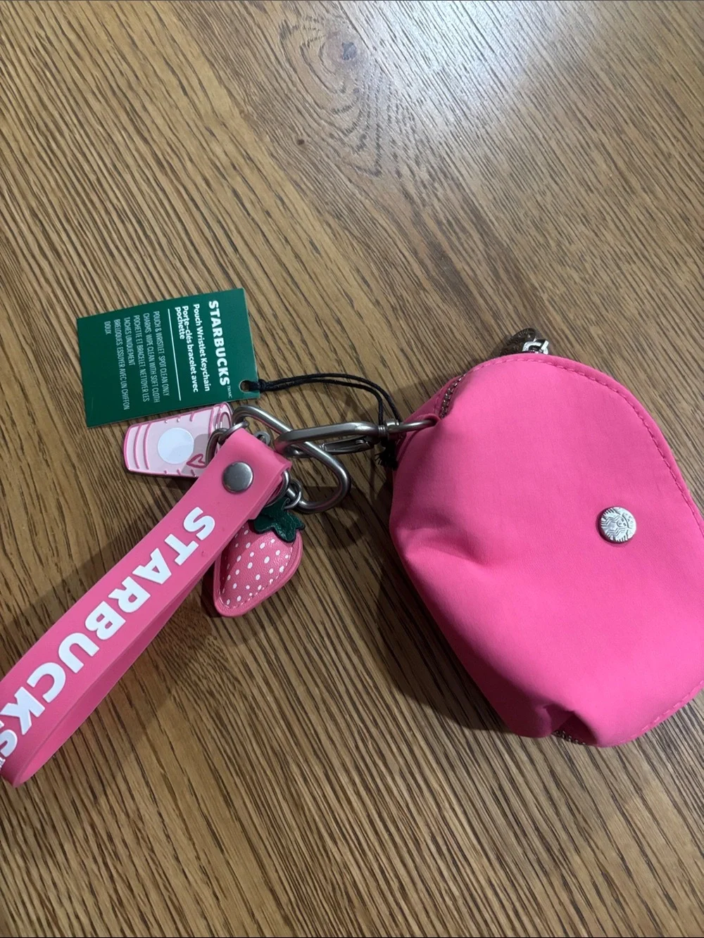 Starbucks Hot Pink Coin Pouch Keychain with Strawberry & Cup Charms